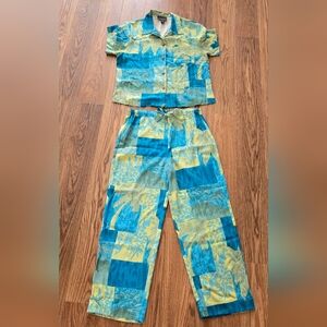 VINTAGE Tropical Patchwork Two-Piece 100% SILK twin Set - Blue & Yellow